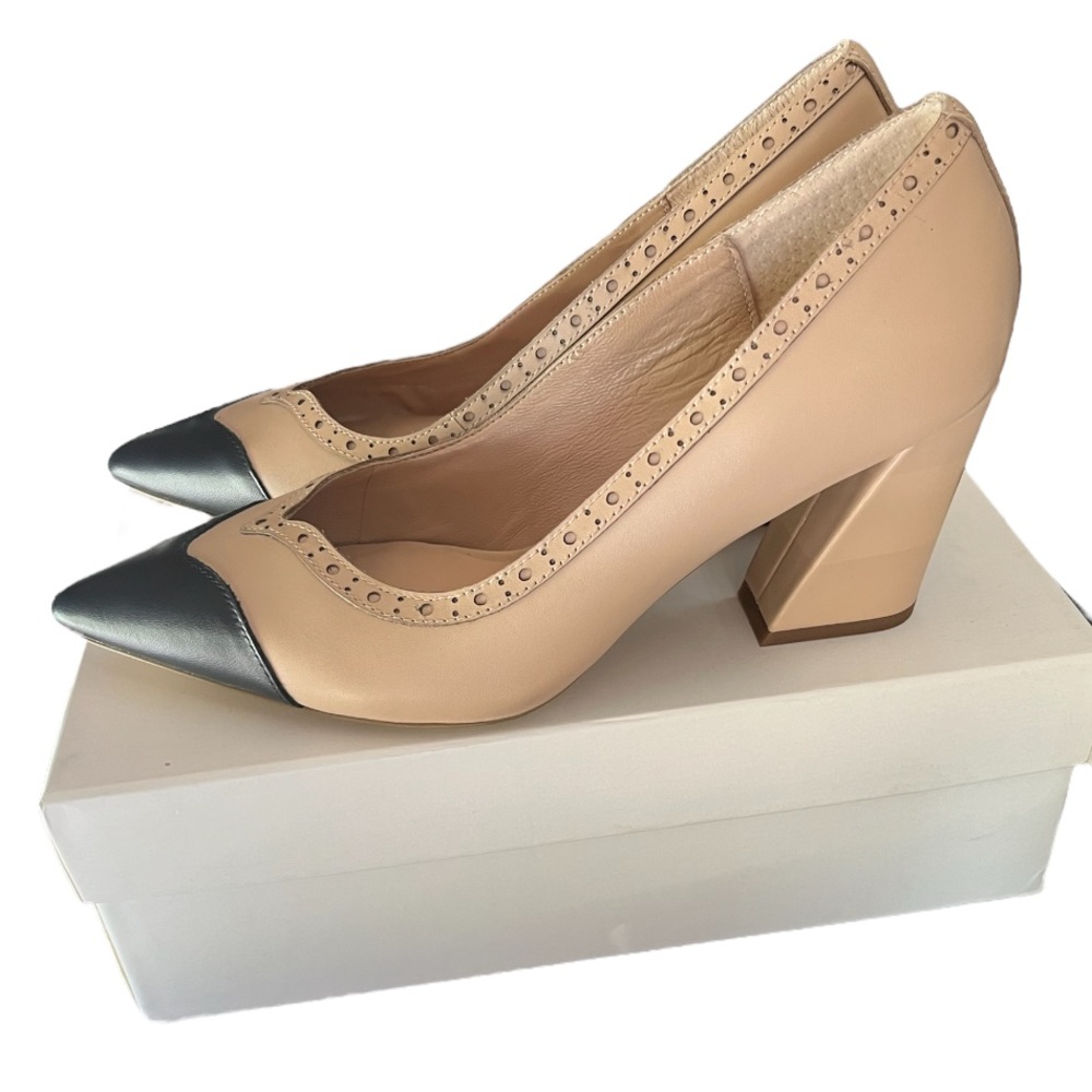 CHARLES DAVID Alanna Brogue Pointed Toe Pump In Nude-black-le Size:8.5